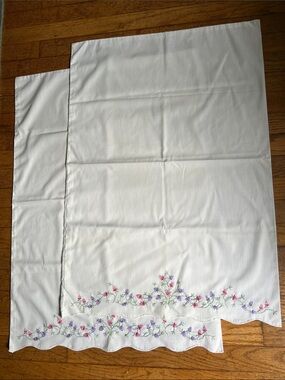Vintage Embroidered Floral Pillowcases - White with Pink & Lavender Flowers